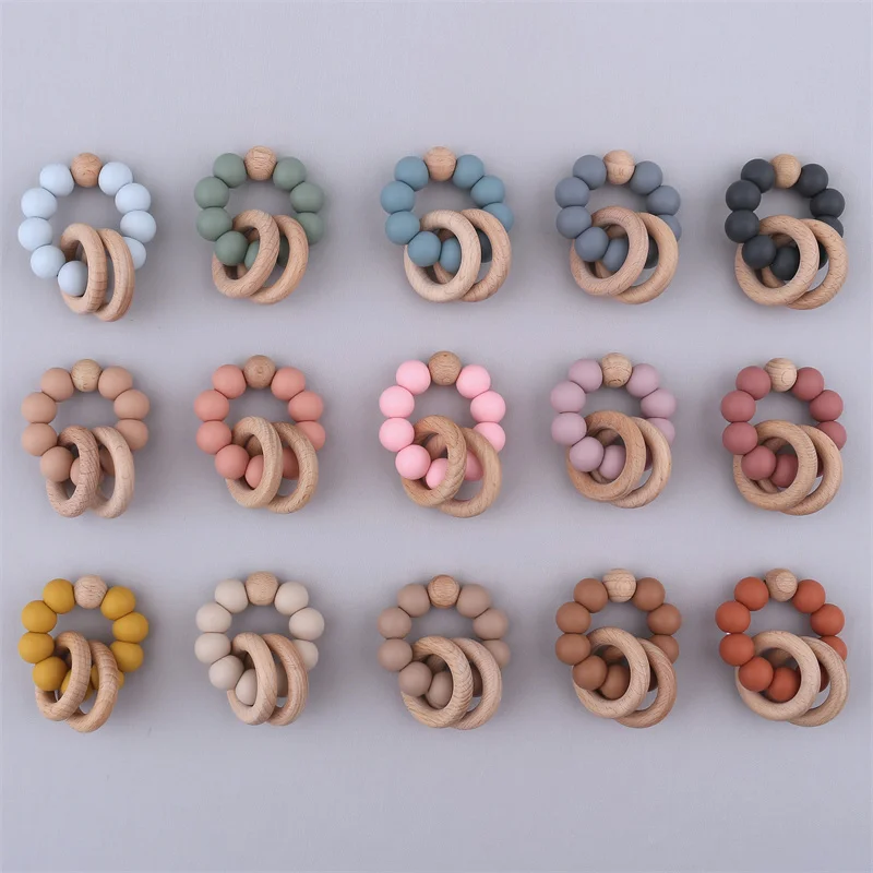 Silicone Beads Teething Ring para Bebês, Pulseiras de Enfermagem, Teether Toys, Chocalhos De Madeira, Fidget Toys, Acessórios Recém-nascidos