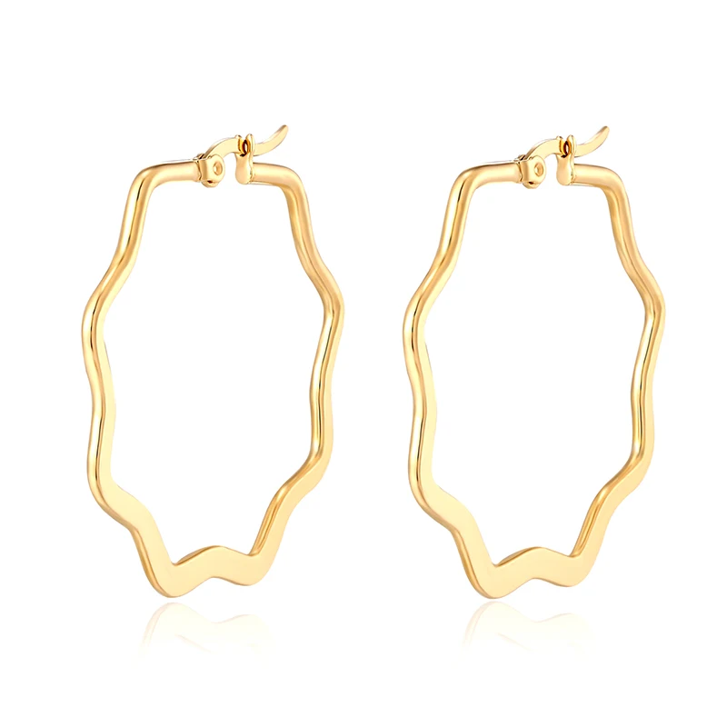 European and American earrings Stainless steel golden plum blossom geometric big ear hoop coil earrings woman‘s simple earrings