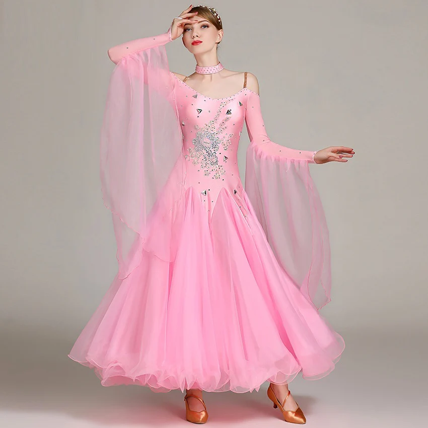 Walzer Langes Kleid rosa Flamenco Kleid Slim-Fit Standard Tanzkleid Wettbewerb Damen Bankettkleid Strass Aufkleber