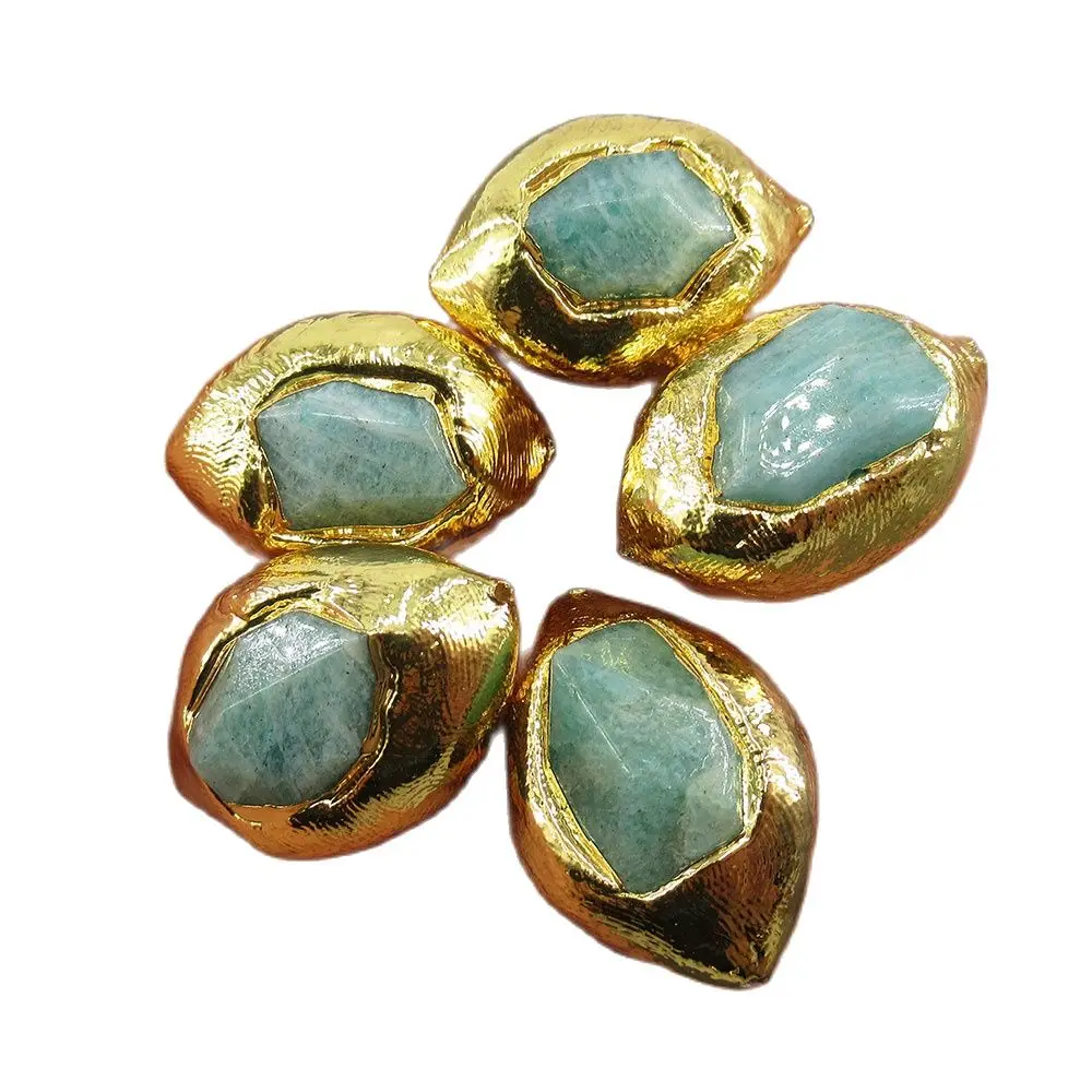 APDGG Wholesale 5 Pcs Oval Shape Blue Amazonite 24K Gold Plated Edge Beads For DIY Jewelry Findings