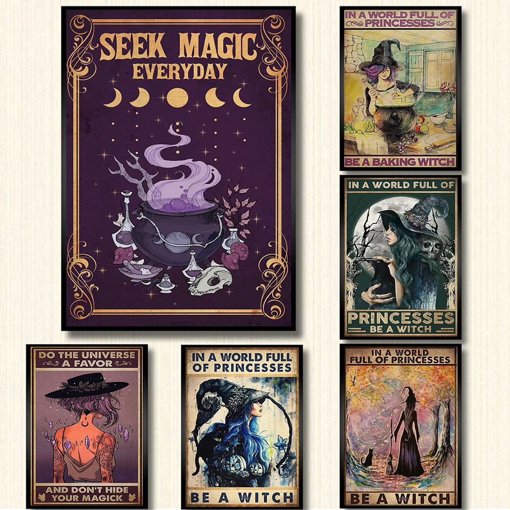 Retro Halloween Posters In A World Full Of Princess Be A Witch Canvas Painting Vintage Wall Pictures Living Room Home Decor