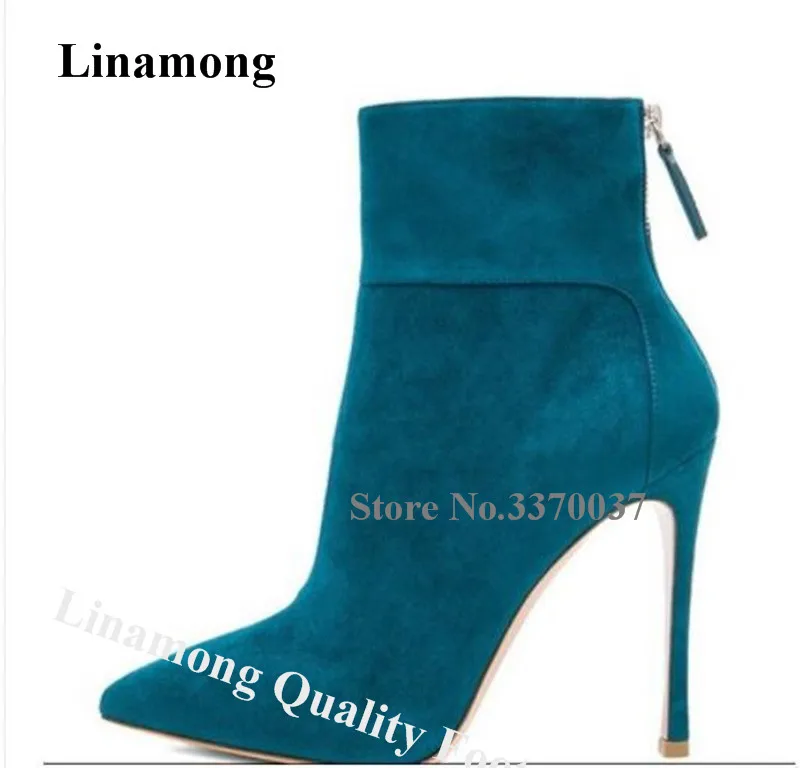 

Linamong Elegant Fashion Pointed Toe Suede Leather Stiletto Heel Short Boots Blue Black Back Zipper-up High Heel Ankle Booties