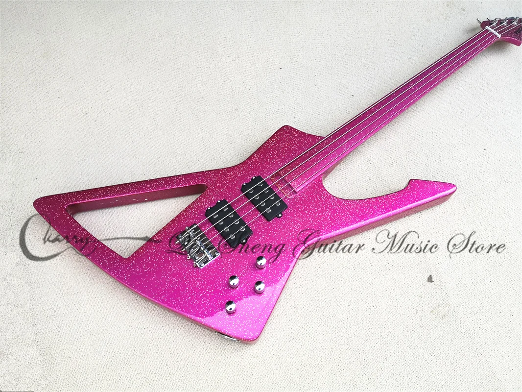 Presell custom 4 string electric bass guitar,irregular bass,purple sliver particles,active battery,fretless fingerboard