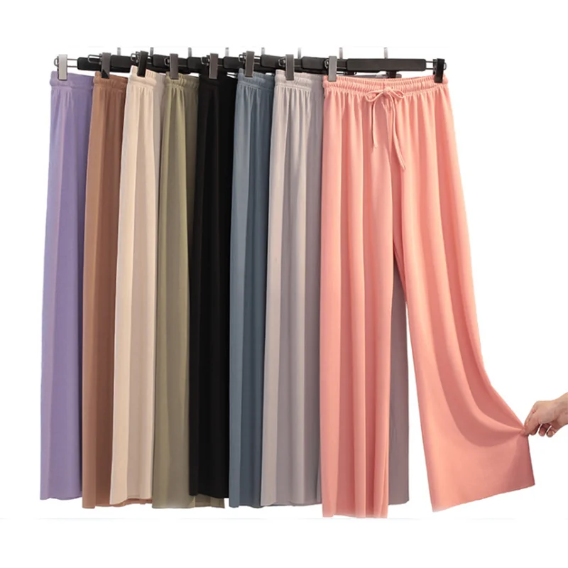 2023 Top Women's Ice Silk Wide-legged Pants Summer High Waist Feeling Girls Nine Points Straight Skirt Thin Long Trousers Colors