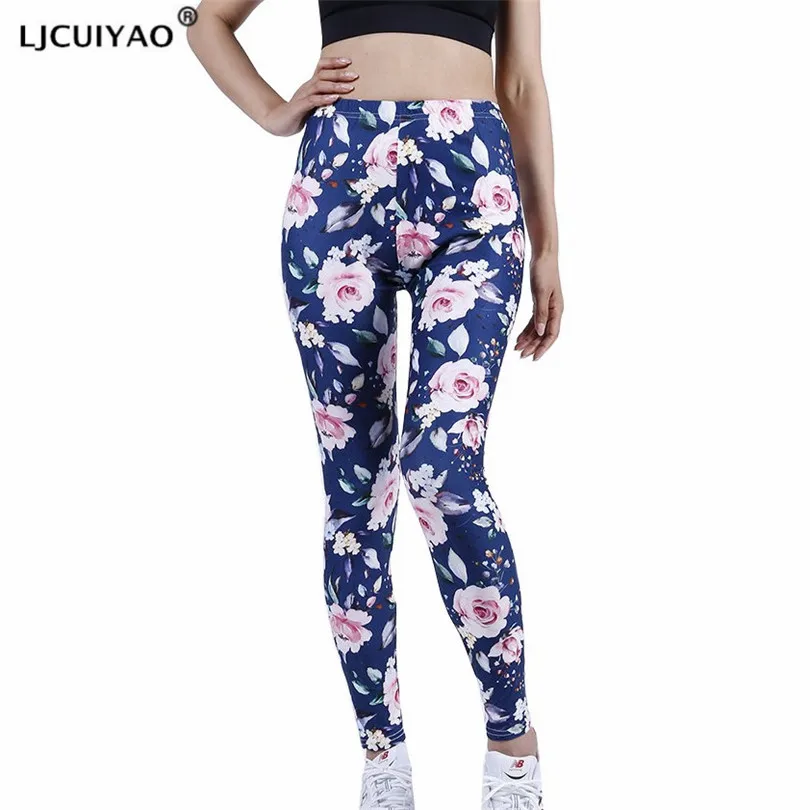 

LJCUIYAO Women Sport Pants Sexy Push Up Gym Sport Leggings Navy Pink Flowers Running Tights Skinny Soft Elastic Waist Clothes