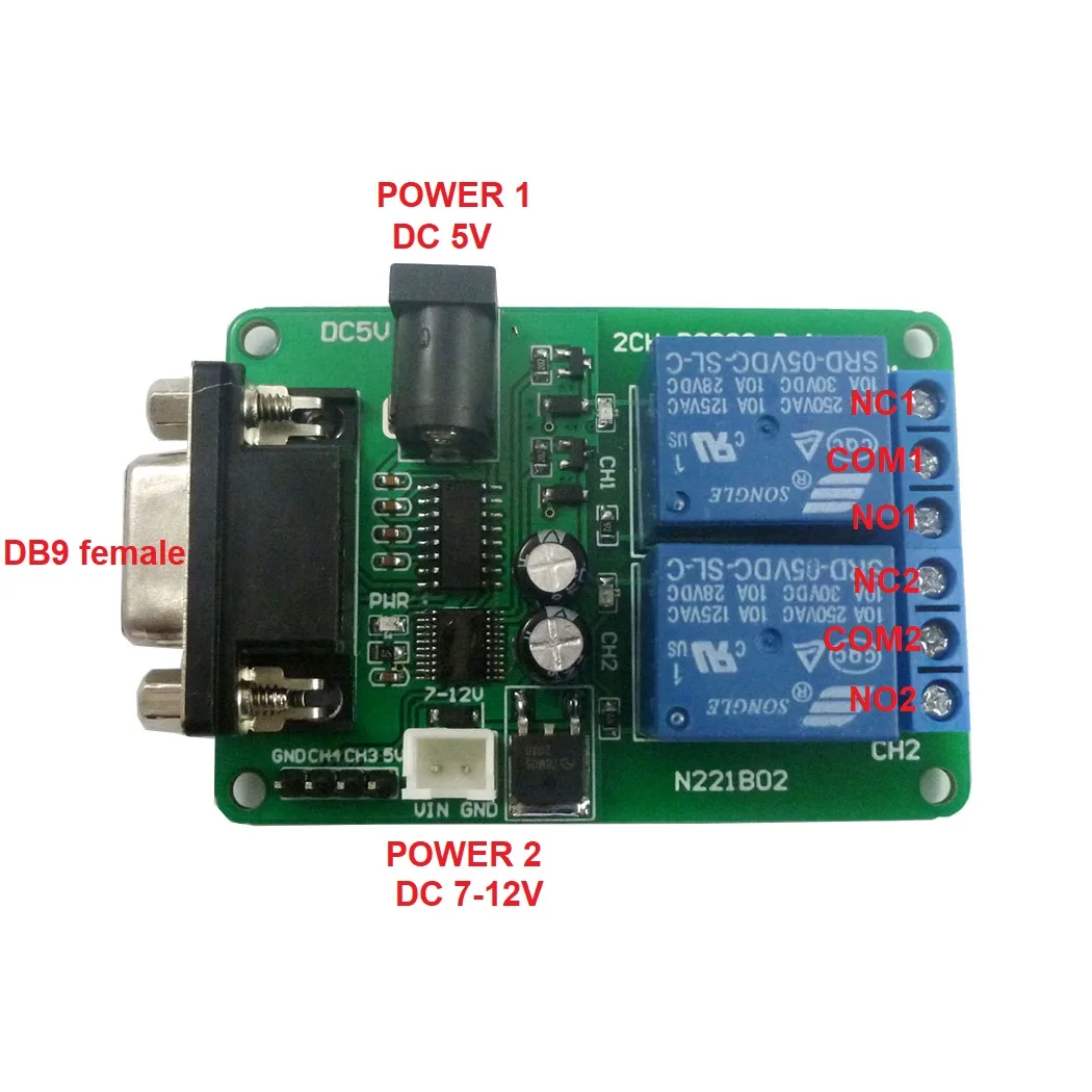 N221B02 DC 5V 7.5V 9V 2Ch RS232 Relay Board Remote Control USB PC UART COM Serial Ports