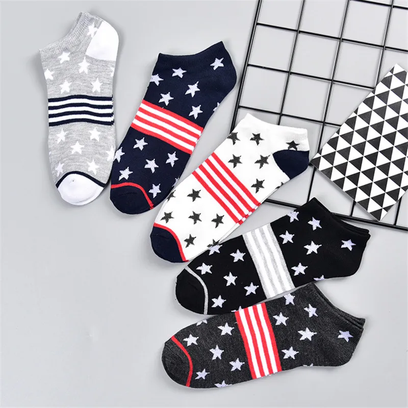 5 Pairs Europe Summer Latest Design Men White Boat Socks High Quality Cotton Business Striped Navy White Star Adult Short Socks