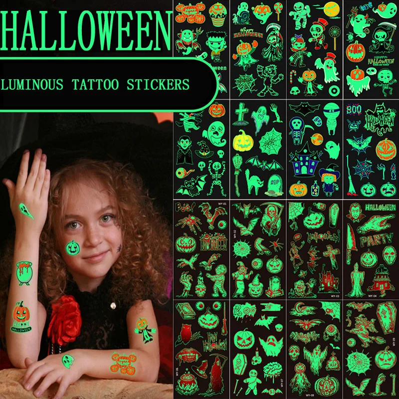 10pcs Halloween Party Luminous Tattoo Cartoon Pumpkin Fun Temporary Body Stickers Disposable Waterproof Tattoo Stickers