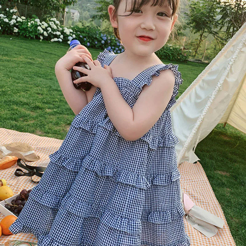 Summer Girls Dress Children\'S Clothing Toddler Baby Kids Suspender Plaid Vest Dress Lace stitching Cake Princess Dress