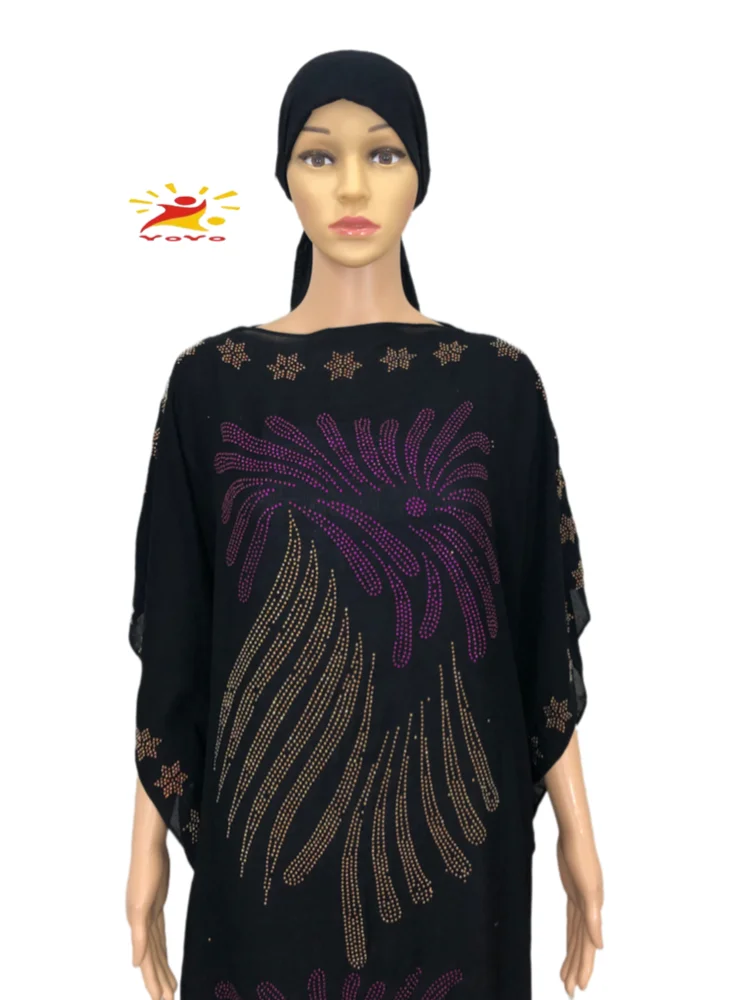 Fashion Africa style Abaya Long Dashiki Diamond  Islamic  Black Dress with scarf Loose Muslim Robe For African Lady HB090