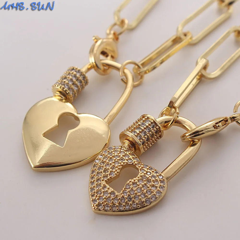 MHS.SUN Creative Can Open Heart Lock Pendant Necklace Fashion Cubic Zirconia Padlock Charm Women Jewelry Chunky Chain Choker