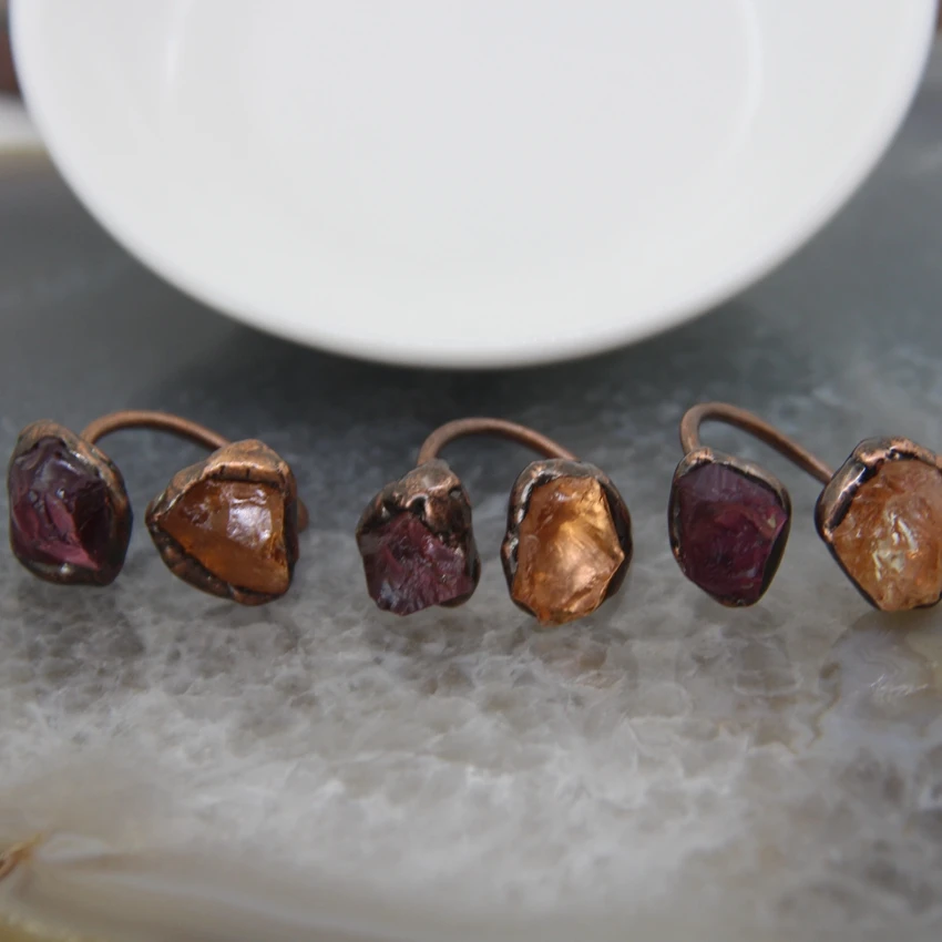 

Natural Amethysts And Citrines Antique Brass Rings,Healing Crystal Adjustable Double Stone Finger Rings Women/Man Jewelry Gifts