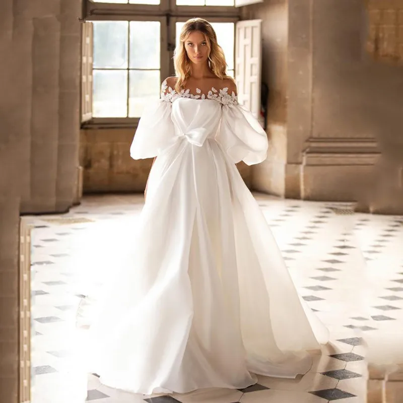 

Vintage Princess Wedding Dress Boho 2022 A Line Puff Sleeves Bow Sash Bridal Gowns Bohemian Vestido De Noiva Bride Dresses