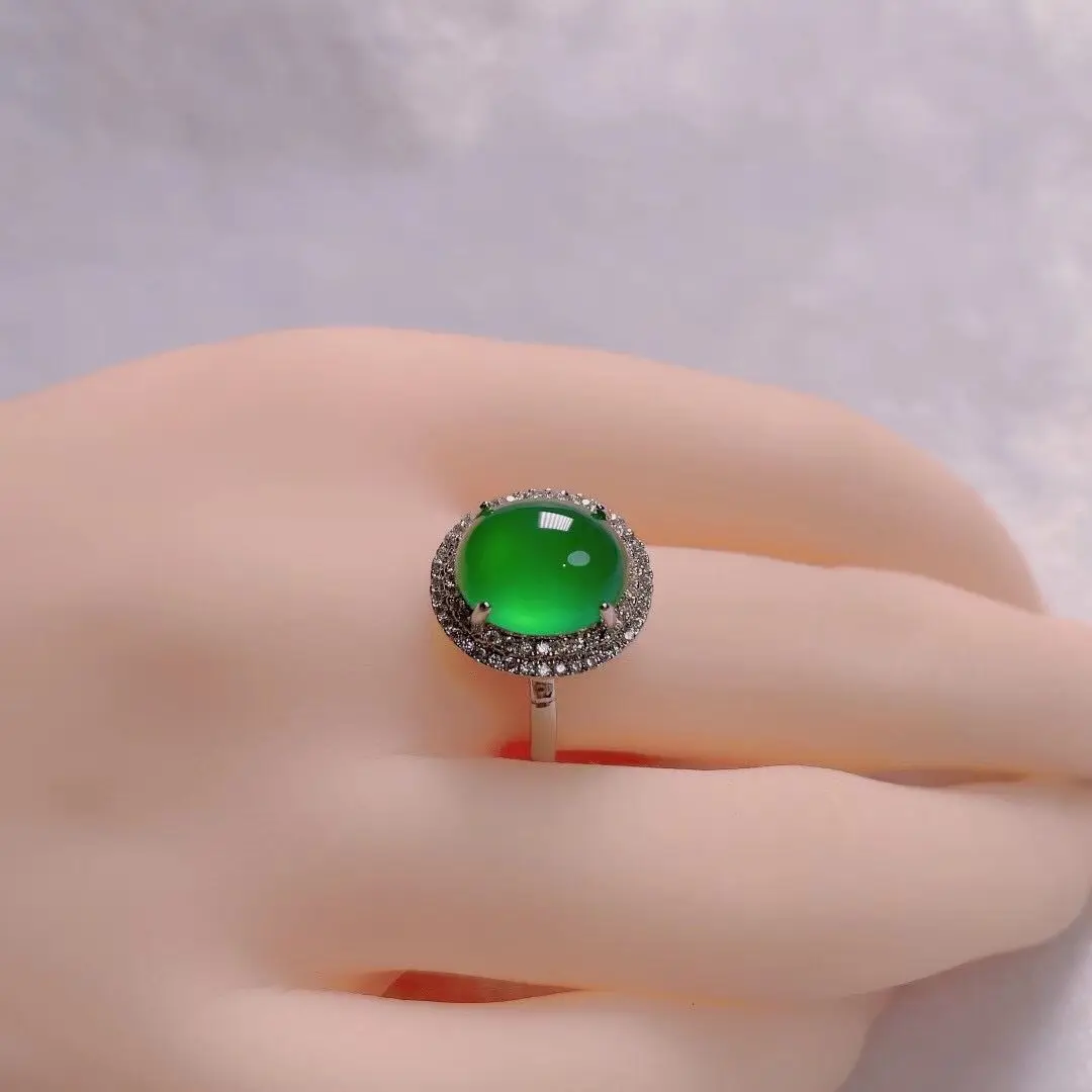 925 silver inlaid high ice green chalcedony two-circle diamond female ring green agate female full diamond ring