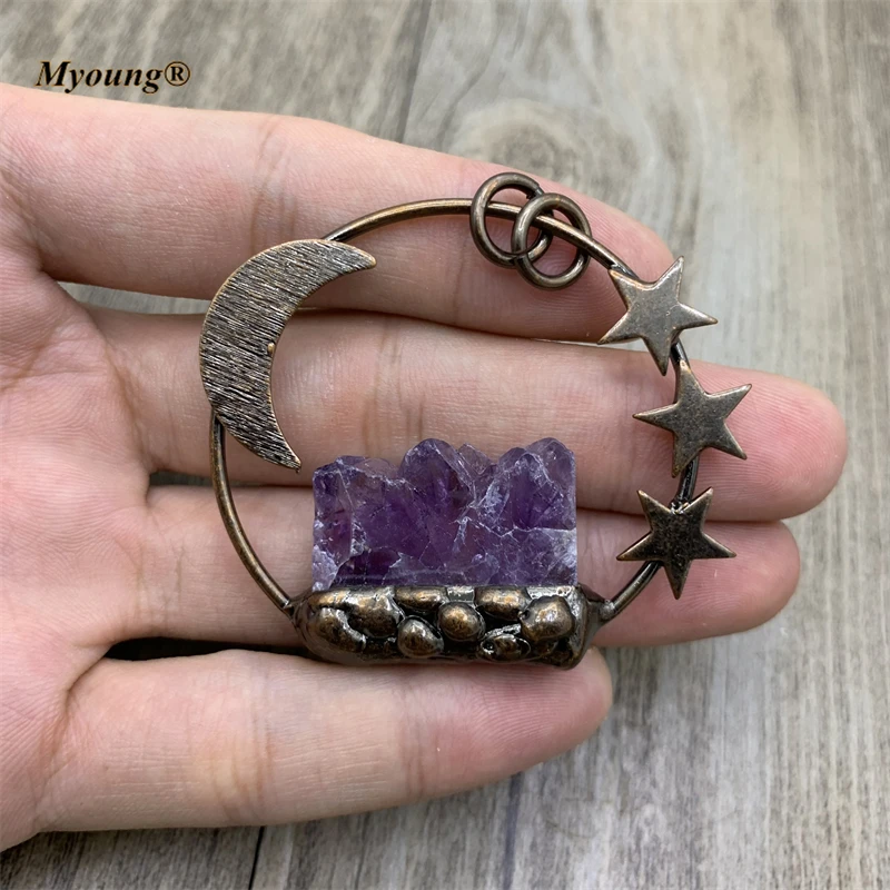 10PCS Moon Stars Bronze Soldered Amethysts Slice Crystal Vintage Necklace Pendant Boho Jewelry Stone Pendant MY210825