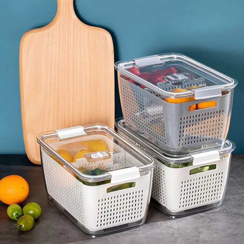 Kitchen Food Storage Basket Box Double-Layer Drain Crisper Plastic Refrigerator Fruit Vegetable Containers Lid Sealed Organizer