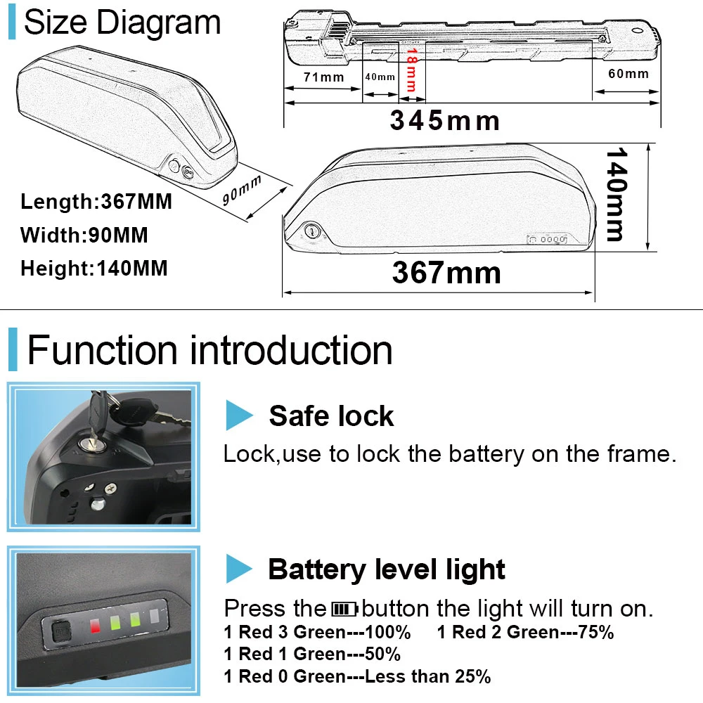 Ebike Lithium Battery Pack 36V 48V 52V 60V 72V Electric Bicycle Downtube Battery For 350W 500W 750W 1000W 1500W Motor