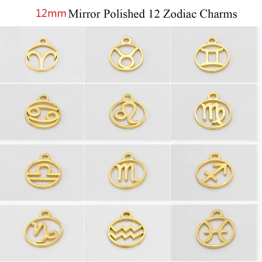 24pcs 12mm Mirror Polished Stainless Steel Zodiac Signs Charms With 1.5mm Hole Constellations Pendant for DIY Handmade Jewelry