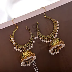 Women's Ethnic Retro Round Indian Jhumka Earrings Classic Vintage White Beads Tassel Earrings Wedding Jewelry Bijoux