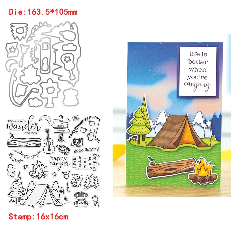 

Camping Essentials Tent Fire Fishing Rod Plant Metal Cutting Dies&Transparent Clear Stamps For DIY Scrapbooking Album Paper Card