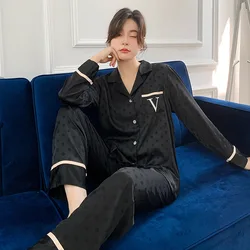 Button-Down Sleepwear Female Pajamas Suit Spring Autumn Nightwear Satin Two-pieces Set With Pants Summer Lounge Home Clothes