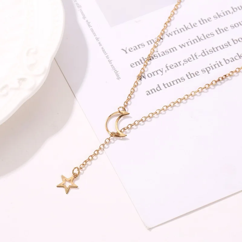 New Fashion Star Hollow Moon Pendant Chains Necklaces For Women Adjustable Gold Color Chains Collares Party Jewelry Gift NB319