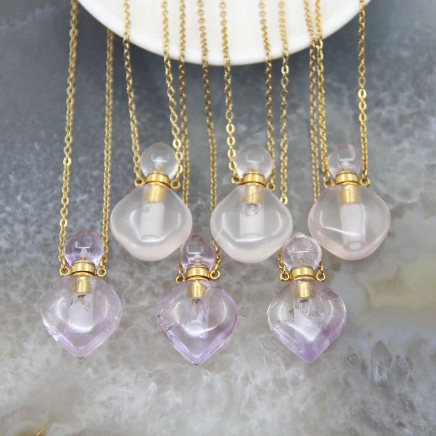 

Polished Clear Natural Crystal Amethysts White Quarzt Perfume Bottle Essential Oil Diffuser Vial Pendant Charms Necklace Jewelry