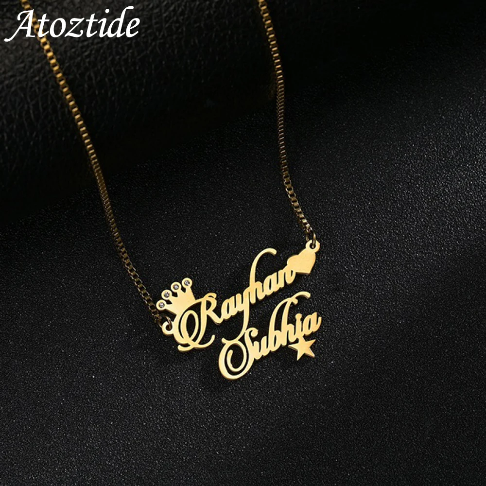 

Atoztide Custom Letter Necklace Stainless Steel Double Names Box Chain Zircon Crown Star Nameplate Charm Pendant for Women Gift