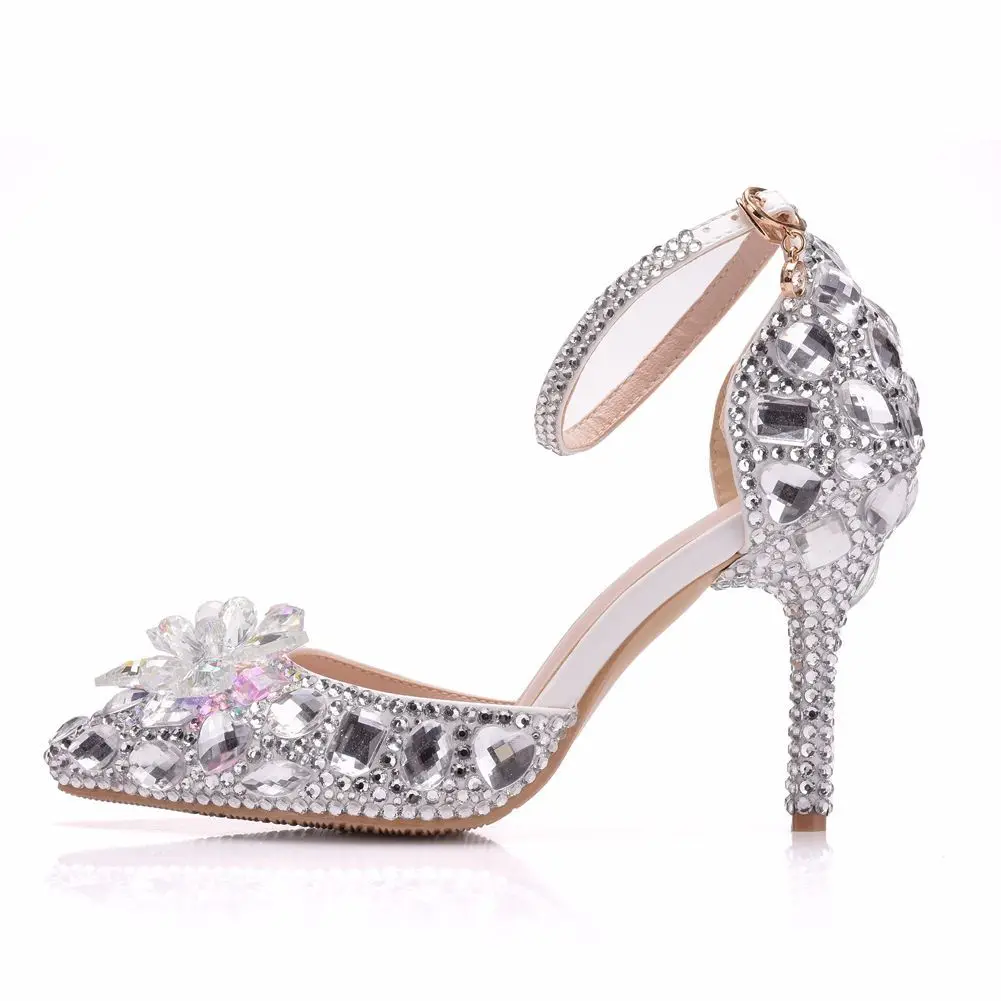 Sandalias sexys para mujer, zapatos de novia con punta en pico, de boda, con diamantes de imitación de cristal, Stiletto, altos