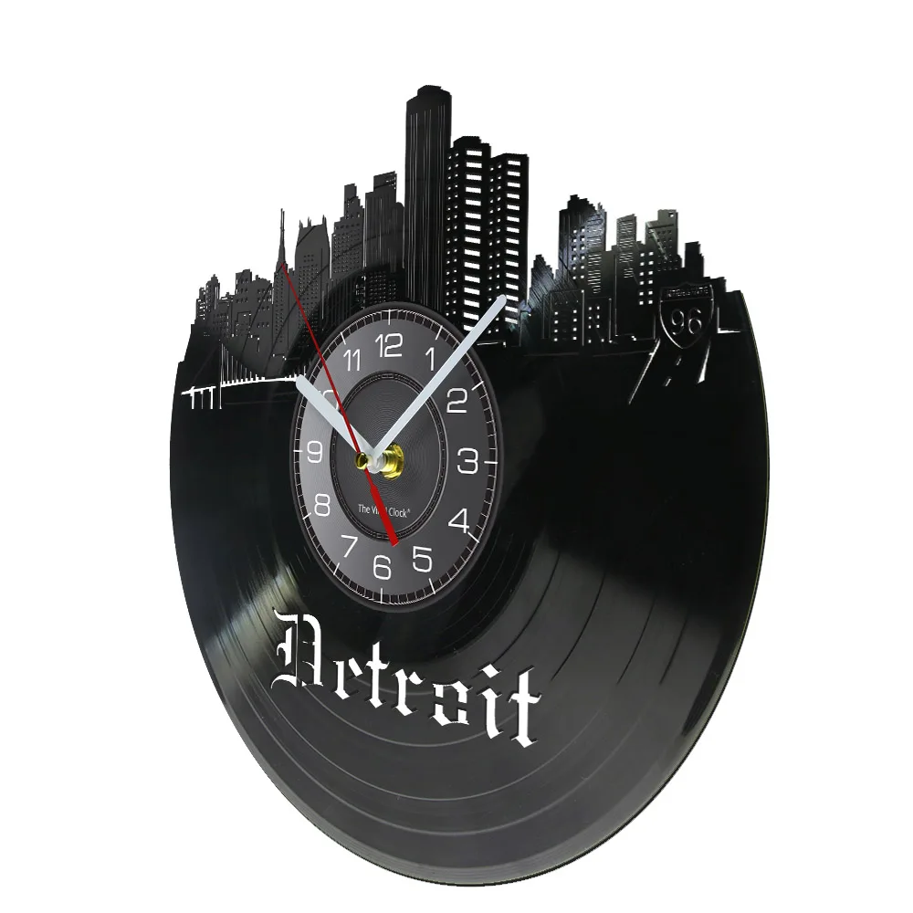 America Detroit Skyline Michigan Vinyl Record Wall Clock Architecture Accessories Retro Album LP Scene Watch US Travel Gift