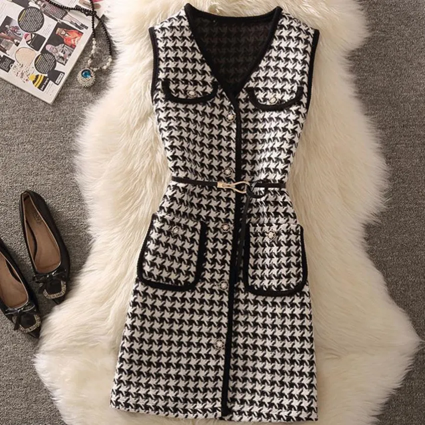 

Autumn winter small fragrance houndstooth woolen vest dress women elegant v-neck slim vintage sleeveless dress