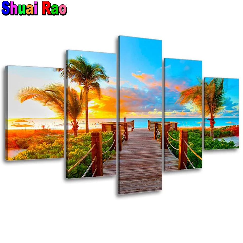 

5 piece set of palm tree sunset pictures Diamond Painting Full Square Round Drill 5D Diamond Embroidery Sale New Gift