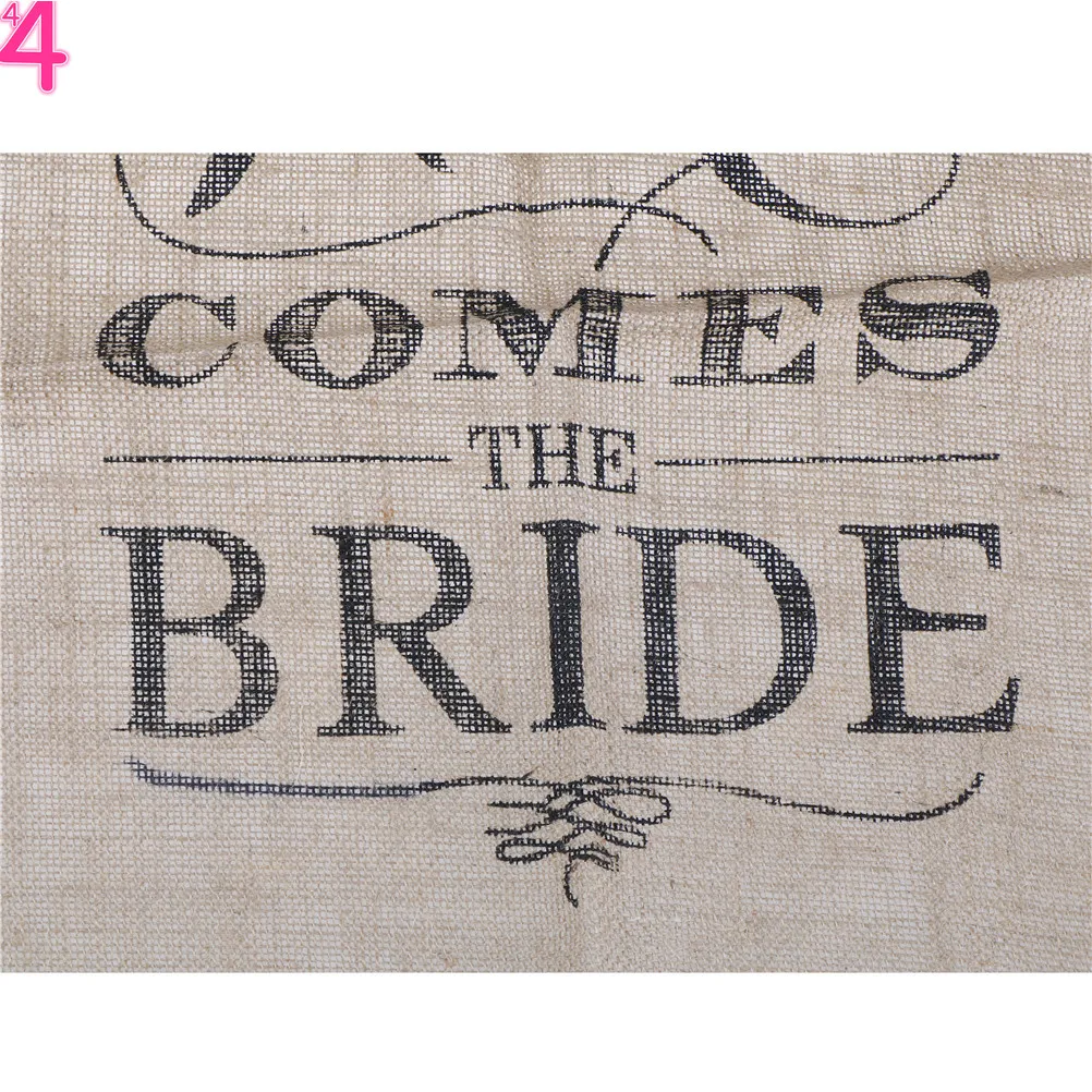 Rustic Burlap HERE COMES THE BRIDE Chic Wedding Hessian Sign Wedding Flower Girl Sign Bride Shower Bunting Banner Flags 4F