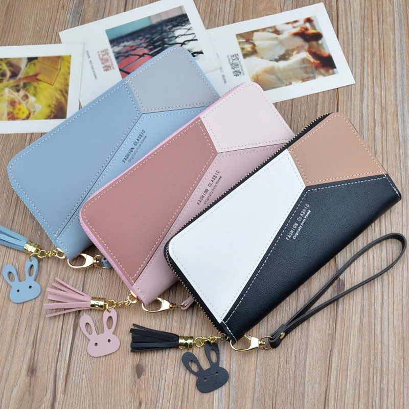 

Women Long Wallets Zipper Pink Phone Pocket Purse Card Holder Patchwork Girl Handbags Lady Tassel Short Coin Purse