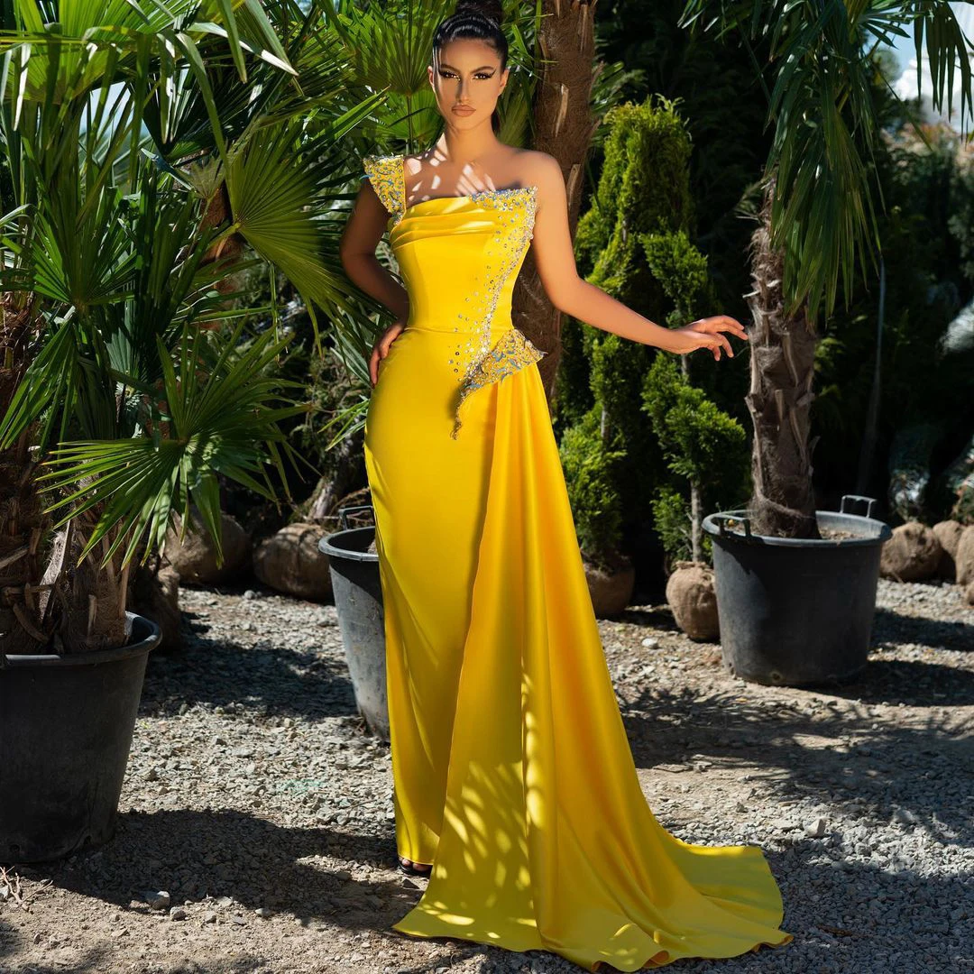 Elegante vestido de noche amarillo para mujer, vestido de graduación, un hombro, cristales, cuentas, sirena, estilo Dubai