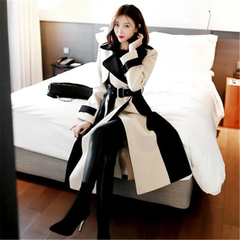 Autumn and winter women new Korean version of the temperament in the long British style stitching over the knee long coat