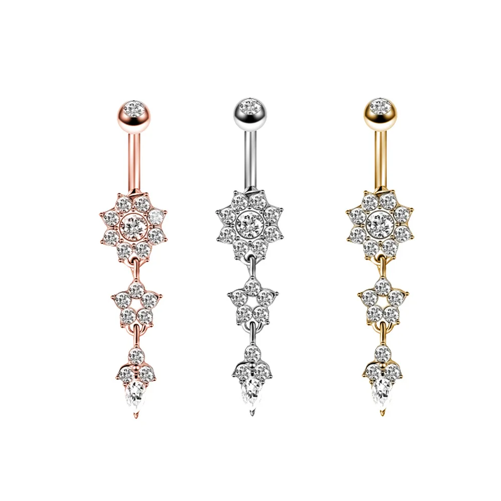 1 Stück Modischer Kristall-Nabelpiercing aus Edelstahl mit Blumenanhänger, Bauchnabelringe, Bauchpiercing, Körperschmuck für Frauen – Detail 2