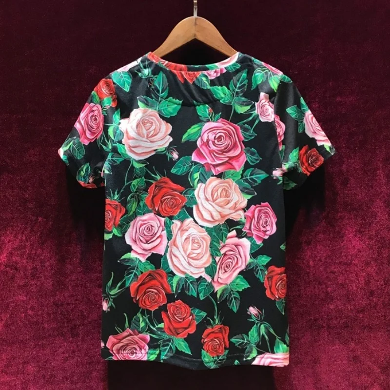 Rose Summer Flower Printed Retro Tees High Street Beading Slim Fit O-Neck Short Sleeve Tops New Female Casual Graphic T-Shirts