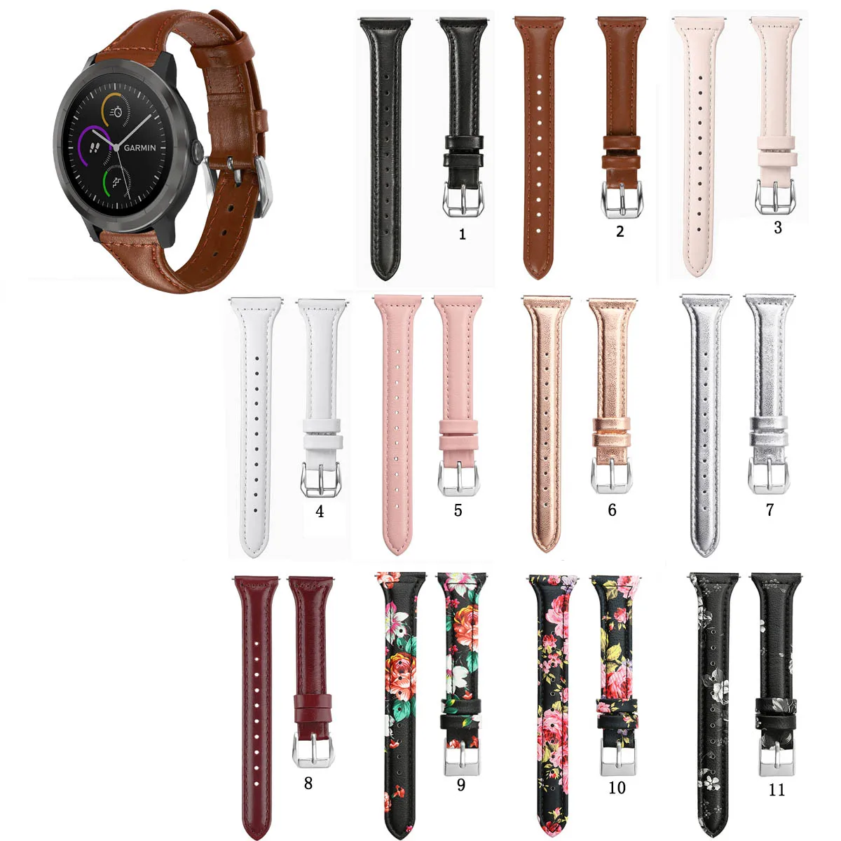 20mm Slim Genuine Leather Band Strap for Garmin Vivoactive 3 /165 245 645 55 255 265 / Venu Sq 2