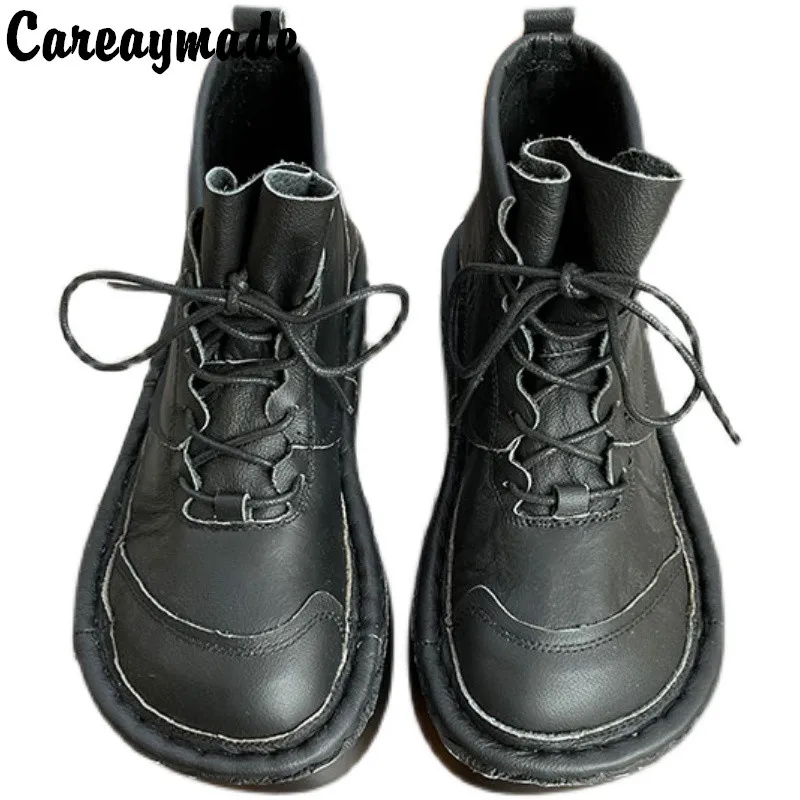 Careaymade-Genuine Leather women\'s boots,muffin thick soled Casual boots lace up strap short tube boots big head ugly cute shoe