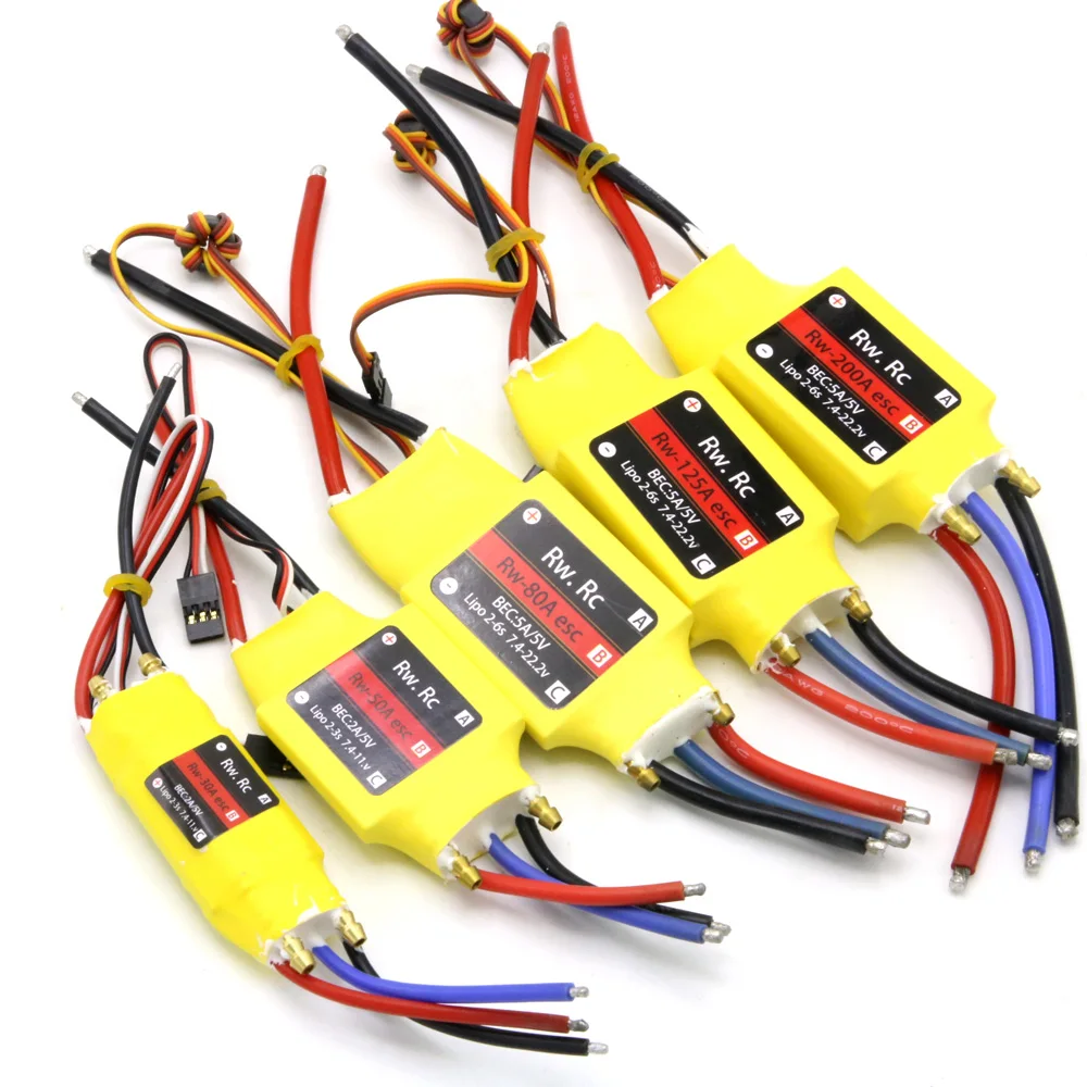 

Rw.Rc 2-7S 50A / 80A / 100A / 200A ESC 5V / 3A 5V / 5A UBEC RC Marine Brushless Governor Electric Speed Controller