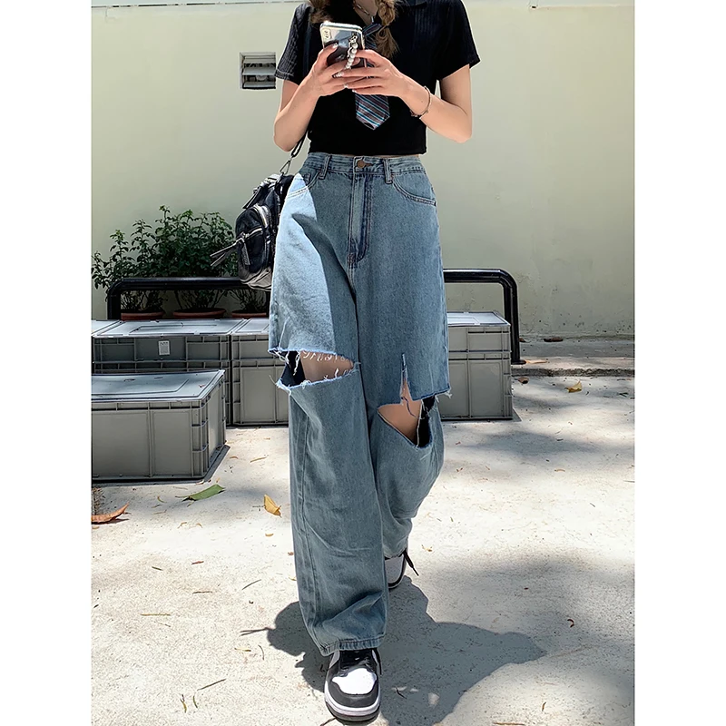 Summer New Harajuku Washed Cargo Casual Daniel Pants High Waist Vintage Ripped Hole Harem Rompers Loose Wide Leg Pants Trousers