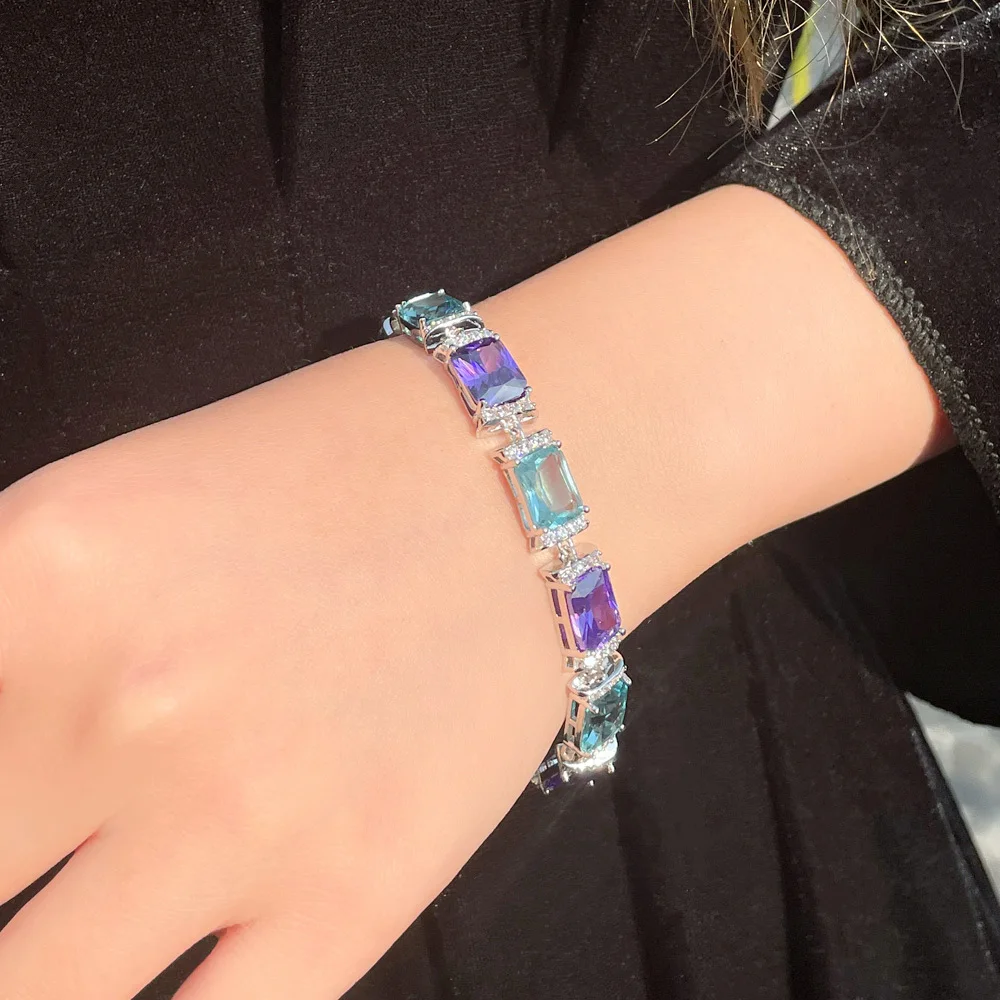 CWWZircons Rectangle Purple Blue Cubic Zirconia Crystal Big Luxury Bracelets for Women White Gold Plated Party Jewelry CB283