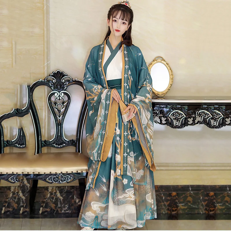 

Hanfu Female Chinese Dance Wear Authentic Spring Autumn Loose Hand Over Collar Waist Dress Costume Printed Costumes Women