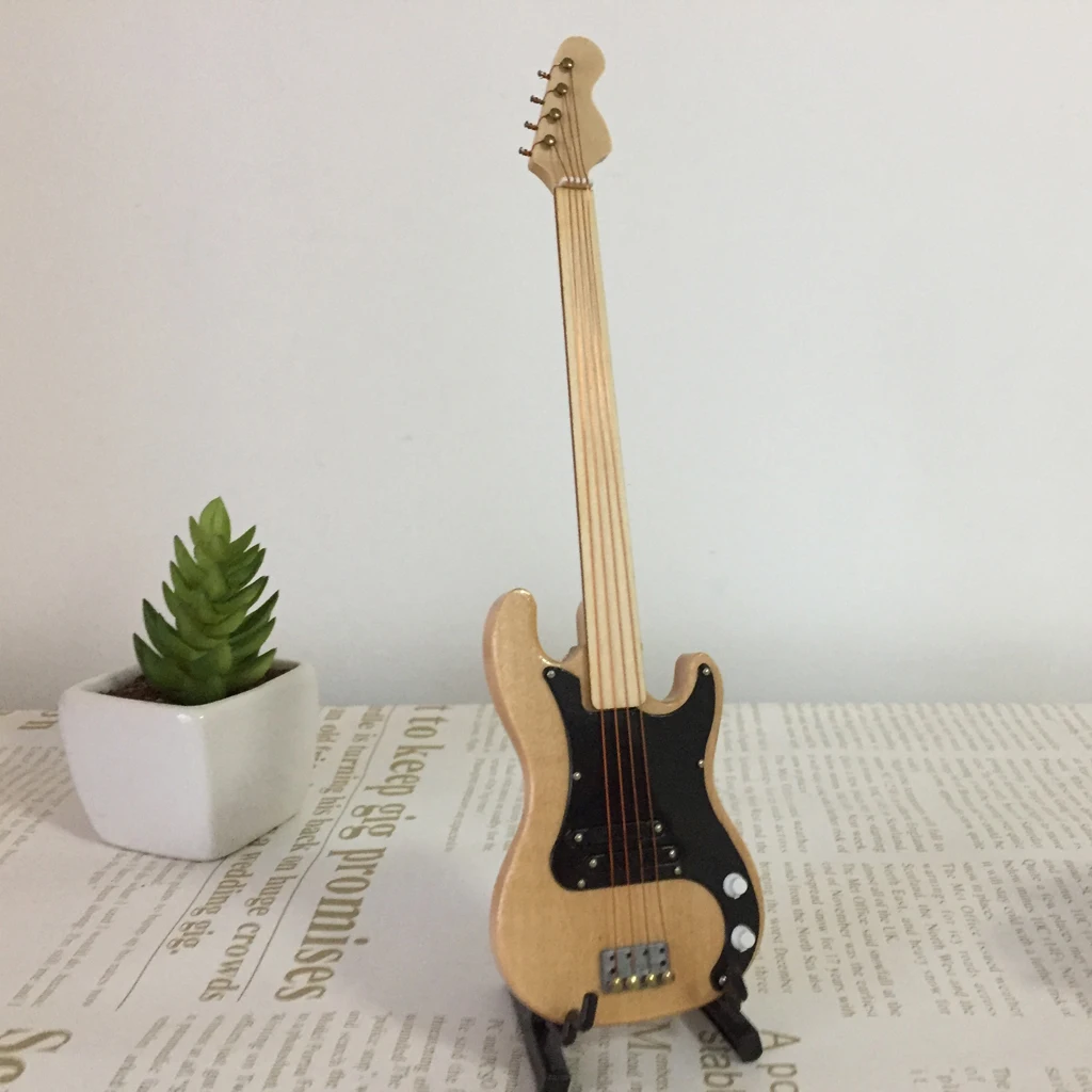 20cm Miniature Wooden Electric Bass Guitar Musical Instrument Model for 1/6 Action Figurines Dollhouse Accessories