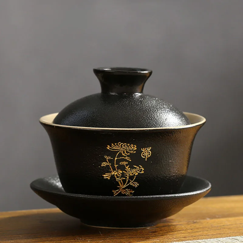 Black Pottery Engraving Gold Outline Sancai Gaiwan Glazed Kungfu Tea Cup Lotus Bamboo Pattern Tea Bowl Teaware Accessories