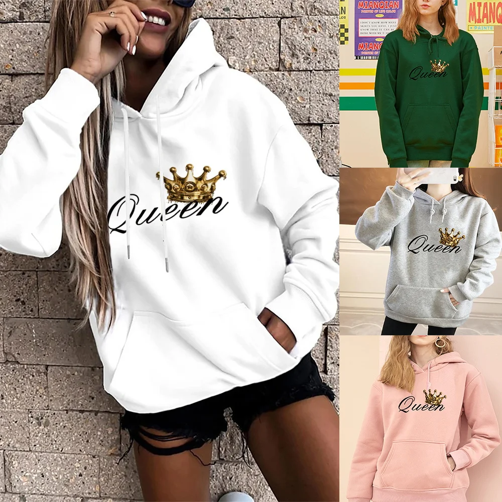 

Women's Fashion Hoodie Queen Crown Print Sports Pullover Loose Pockets Long Sleeve Top Girls Casual Pullover Hoodies