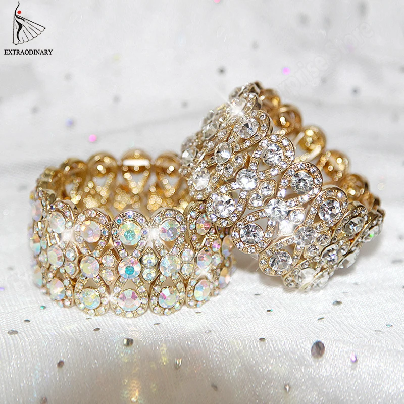 Belly Dance Accessories Gold Silver Women Rhinestone Stretching Bangle Upper Arm Cuff Party Bracelet Jewelry