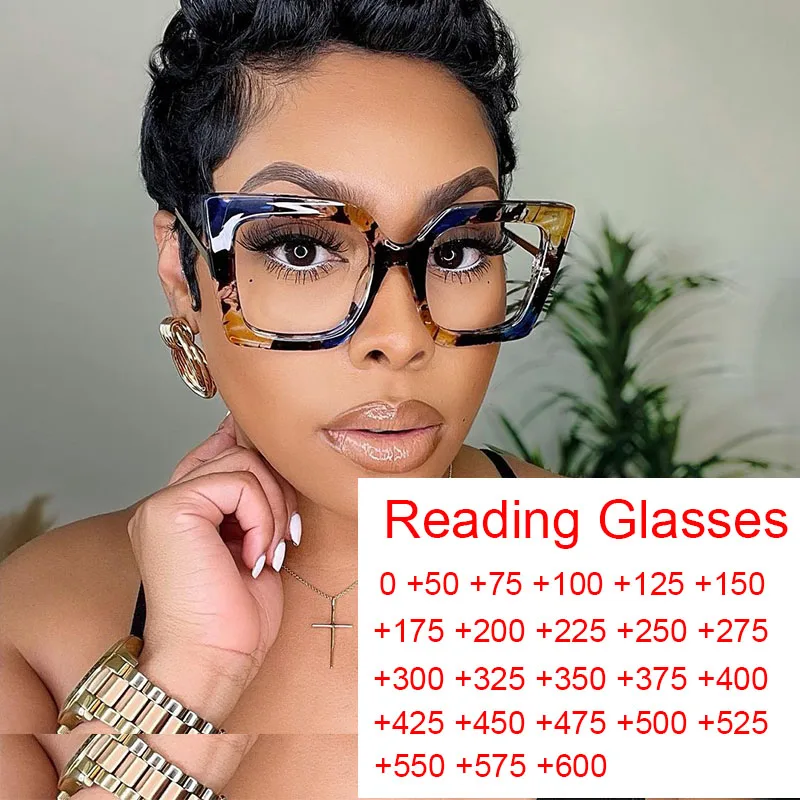 Trendy Computer Reading Glasses Women High Quality Overszied Square Blue Flower Eyeglasses Prescription Diopters +2 +2.5