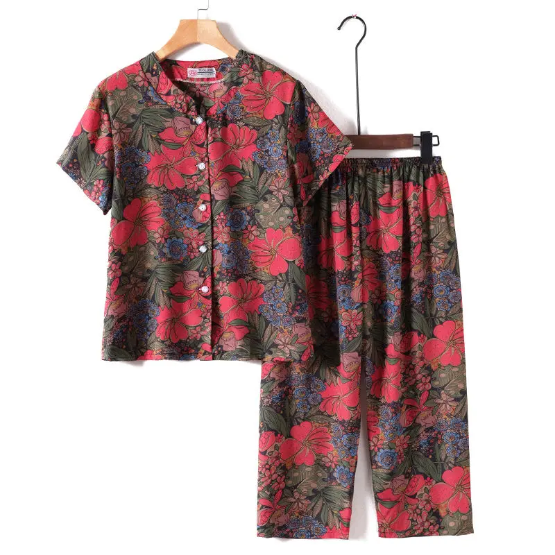 Ensemble de pyjamas d\'été pour femmes, vêtements de nuit, imbibés pour mère et grand-mère, cardigan imprimé, vêtements de maison, nouveauté